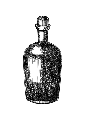 Poison bottle with cork stopper sketch. Witchcraft vector illustration. Vintage Halloween design element. Hand-drawn alchemical icon, esoteric symbols. NOT AI generated